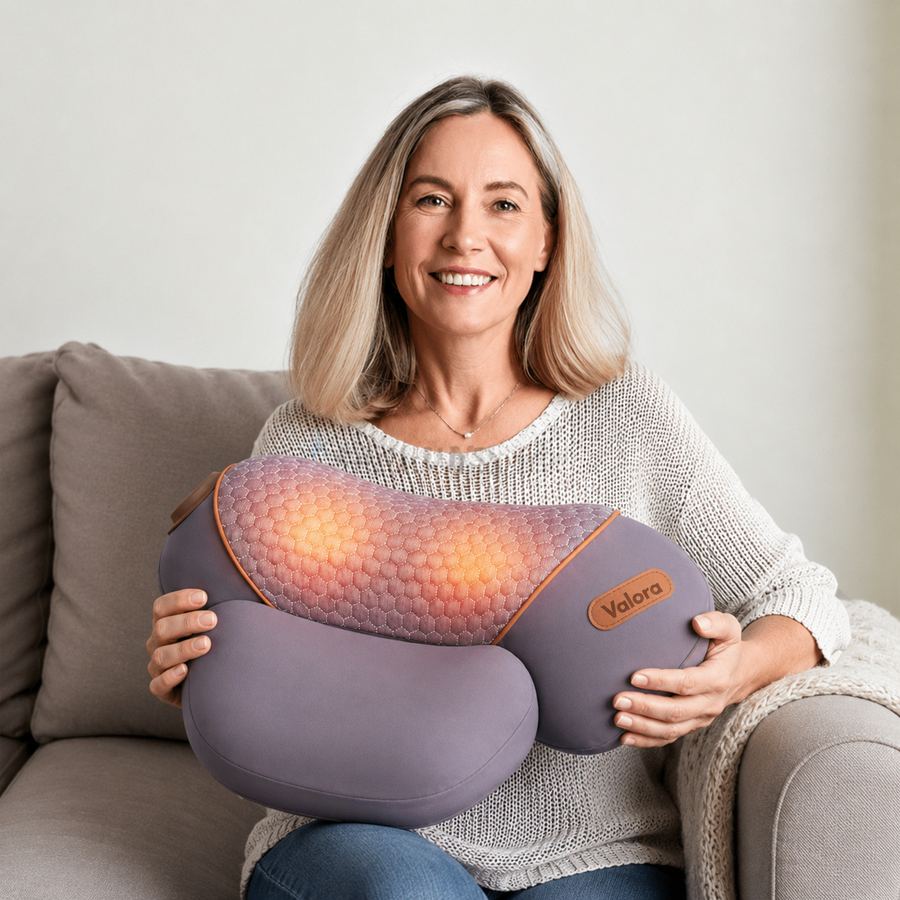 Customer holding the Valora Recurve neck pillow